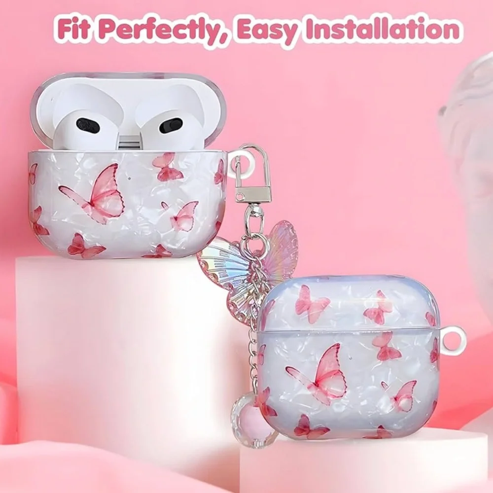 Gen 3 AirPods Case Cover with Pink Butterfly designs and Detachable Charm! New!
